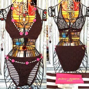 Vintage Betsey Johnson Bikini Pink 3D Rose Brown Hearts Fabric Swimsuit Size L M